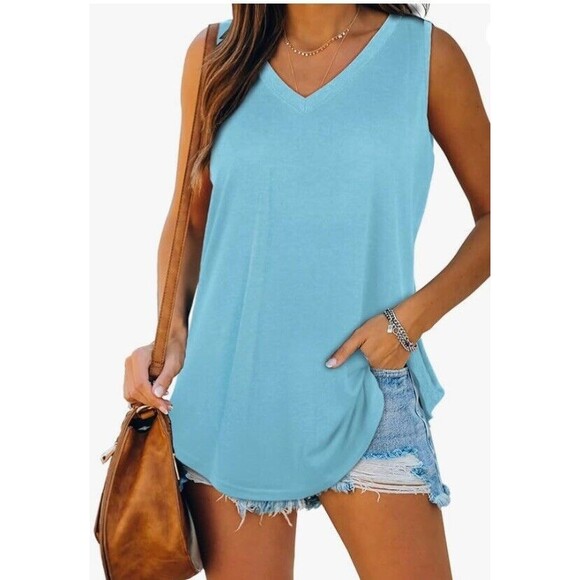 💙 New Women’s Sleeveless Blue  V- Neck Tank Top NWT Size Small Rounded Hem - Picture 1 of 5